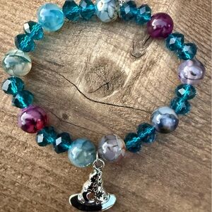 dragon vein and blue crystal beads Bracelet & Cute Silver witches hat Charm